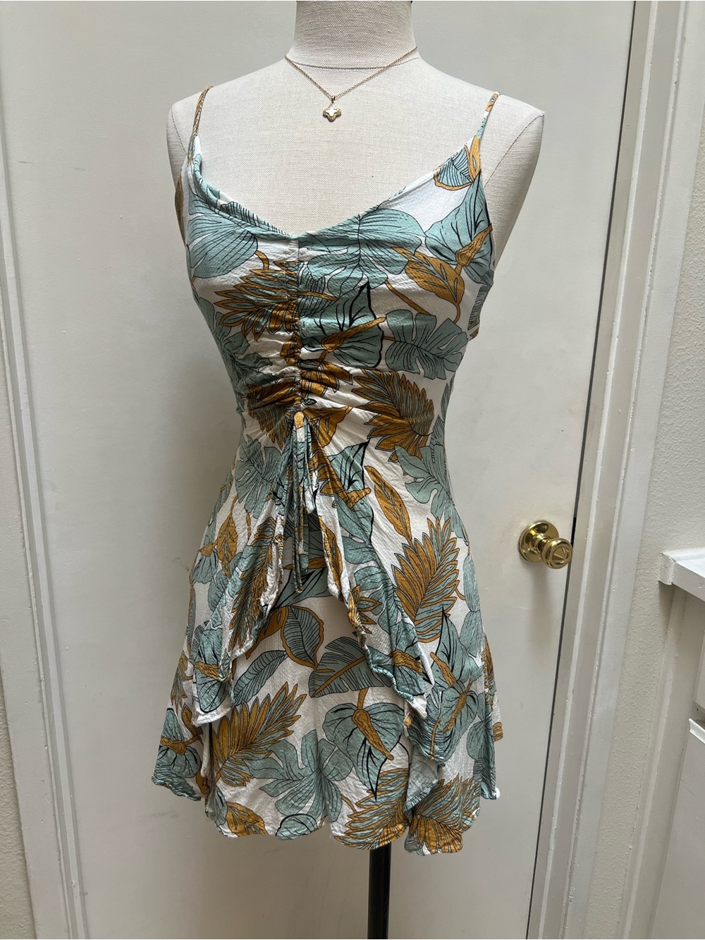 Floral Ruched Tie-Front Mini Dress in Teal & Mustard